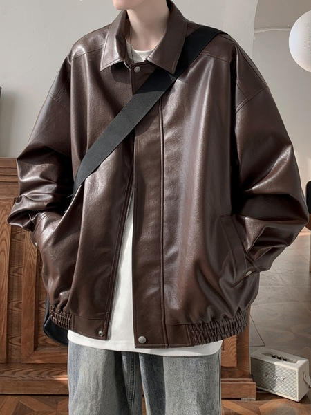 American Style Retro Leather Jacket Men's Autumn and Winter High-end Feeling Reffin Handsome Trendy Casual Loose Leather Lapel Jacket - XXL