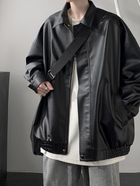 American Style Retro Leather Jacket Men's Autumn and Winter High-end Feeling Reffin Handsome Trendy Casual Loose Leather Lapel Jacket - XL