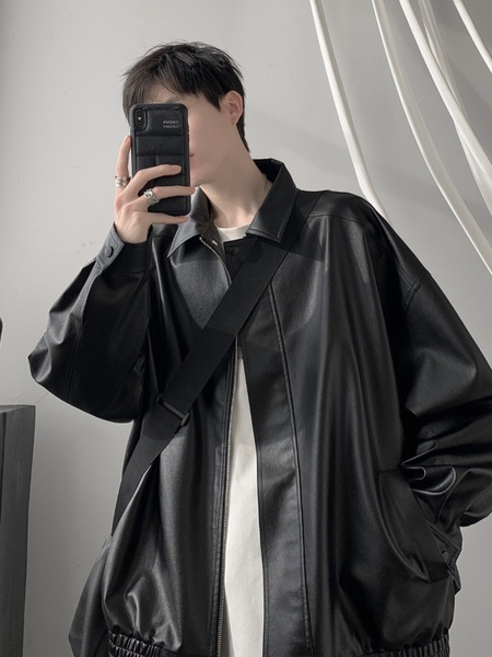 American Style Retro Leather Jacket Men's Autumn and Winter High-end Feeling Reffin Handsome Trendy Casual Loose Leather Lapel Jacket - L